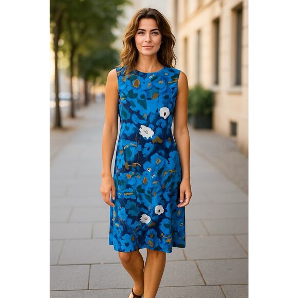 Marimekko Eline Shift Midi Dress Sleeveless Blue White Floral Size 38 - Picture 1 of 9